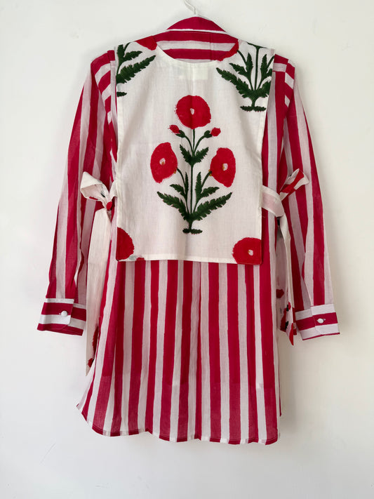 Red striped hand block printed waistcoat with side tie-ups
