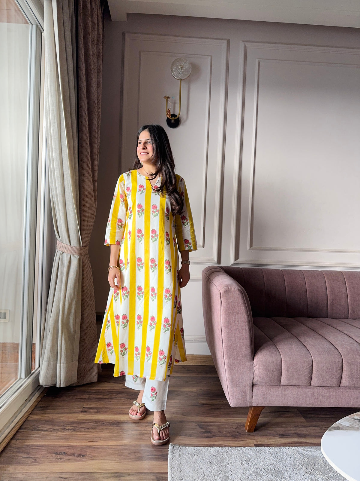 Gulbahar - Yellow and Pink Mulmul Kurta Set