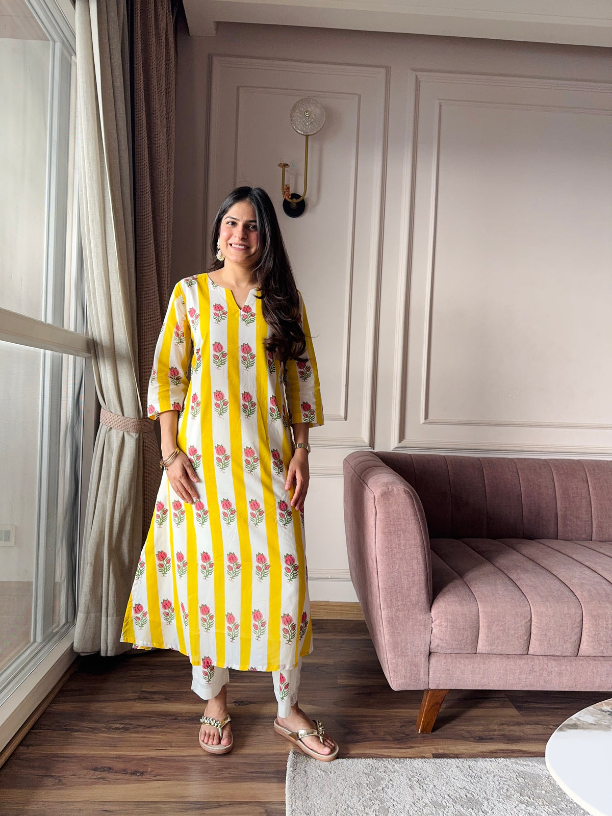 Gulbahar - Yellow and Pink Mulmul Kurta Set