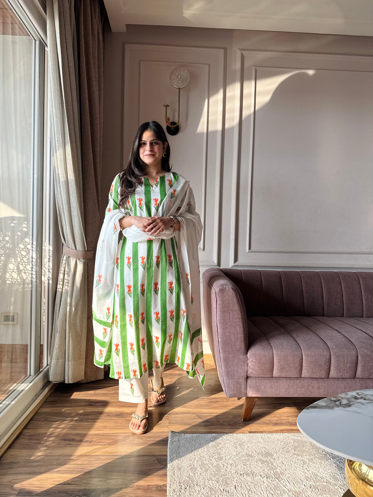 Gulshan - Green and Orange Mulmul Suit Set