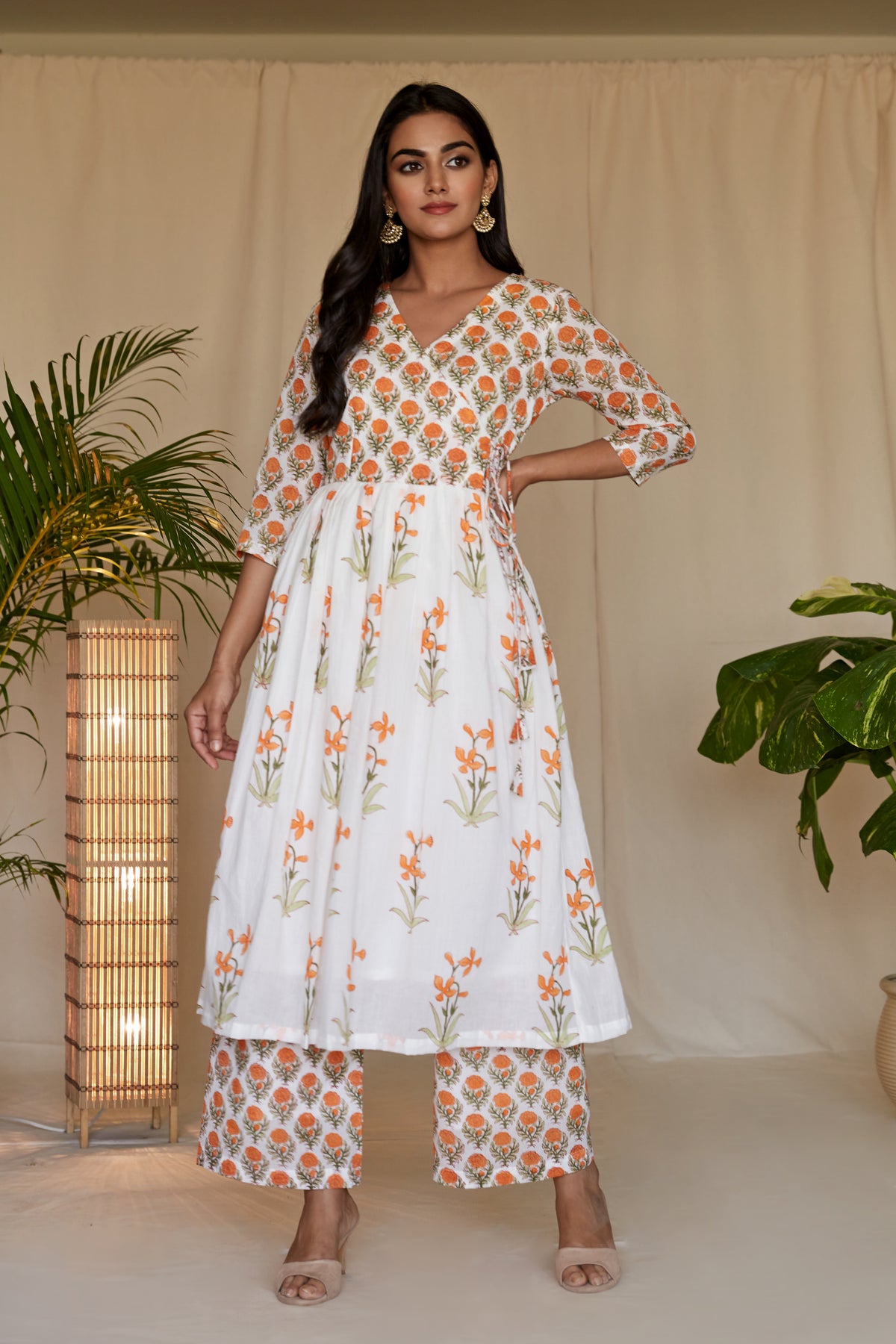 Tangerine Mini Angrakha Kurta with Pants - Set of 2