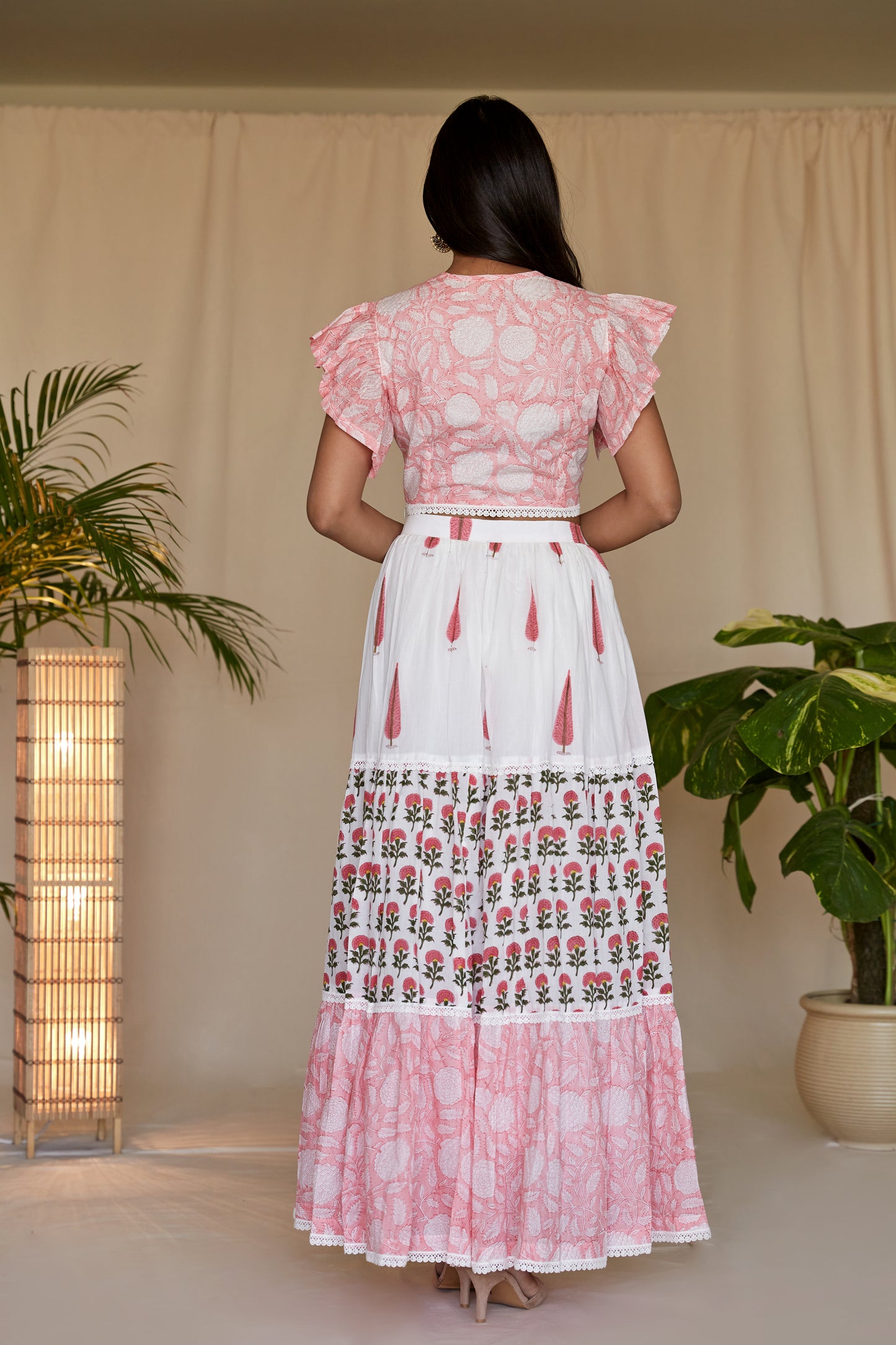 Pink Flora Tiered BlockPrint Lehenga Set