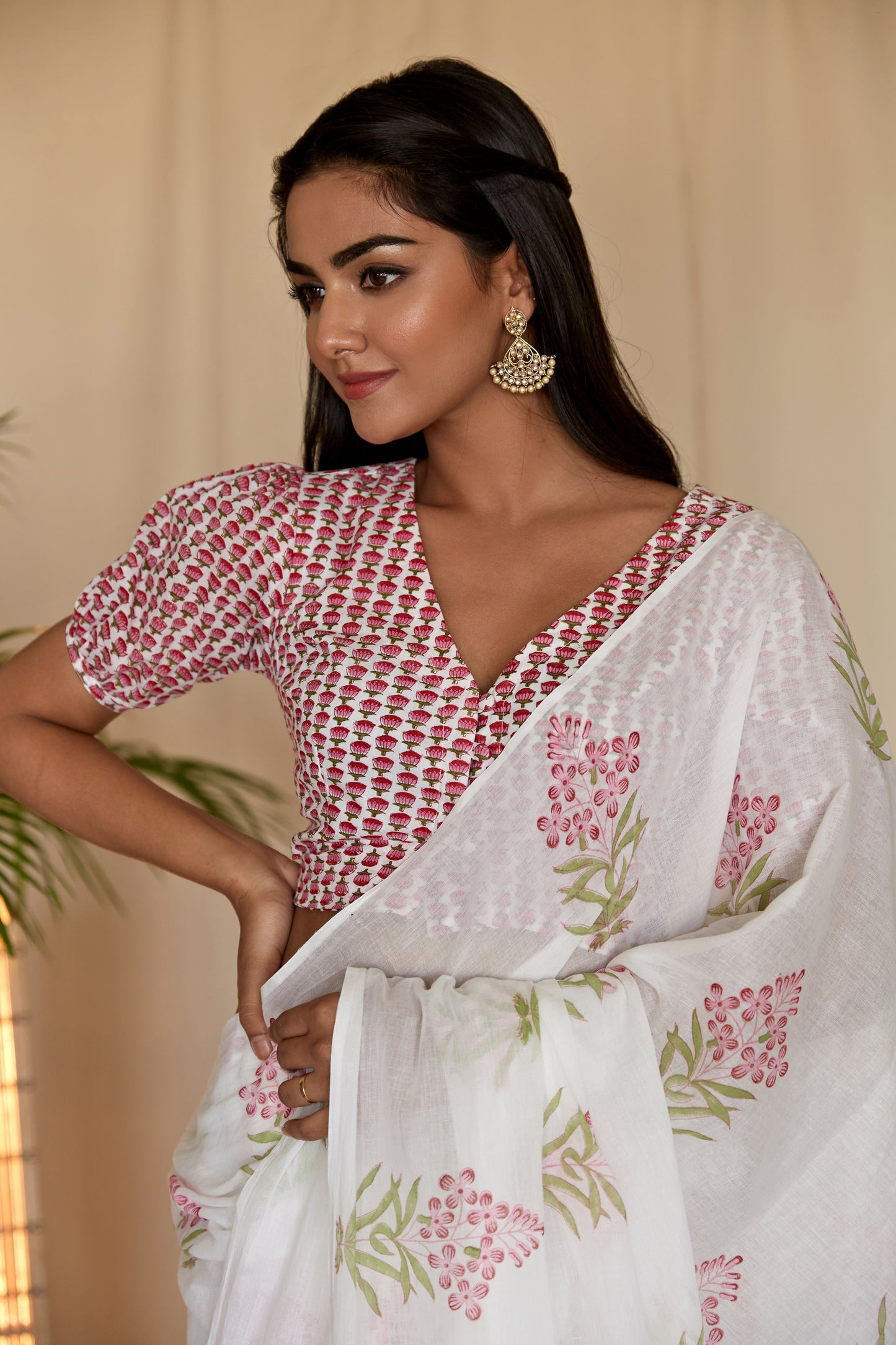 Pink Cherry Blossom Hand BlockPrinted Mulmul Sari