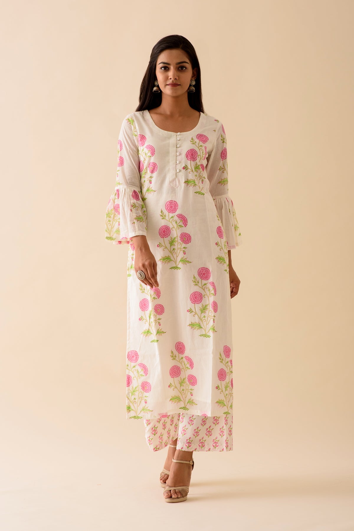 Pink Peony BlockPrint Kurta