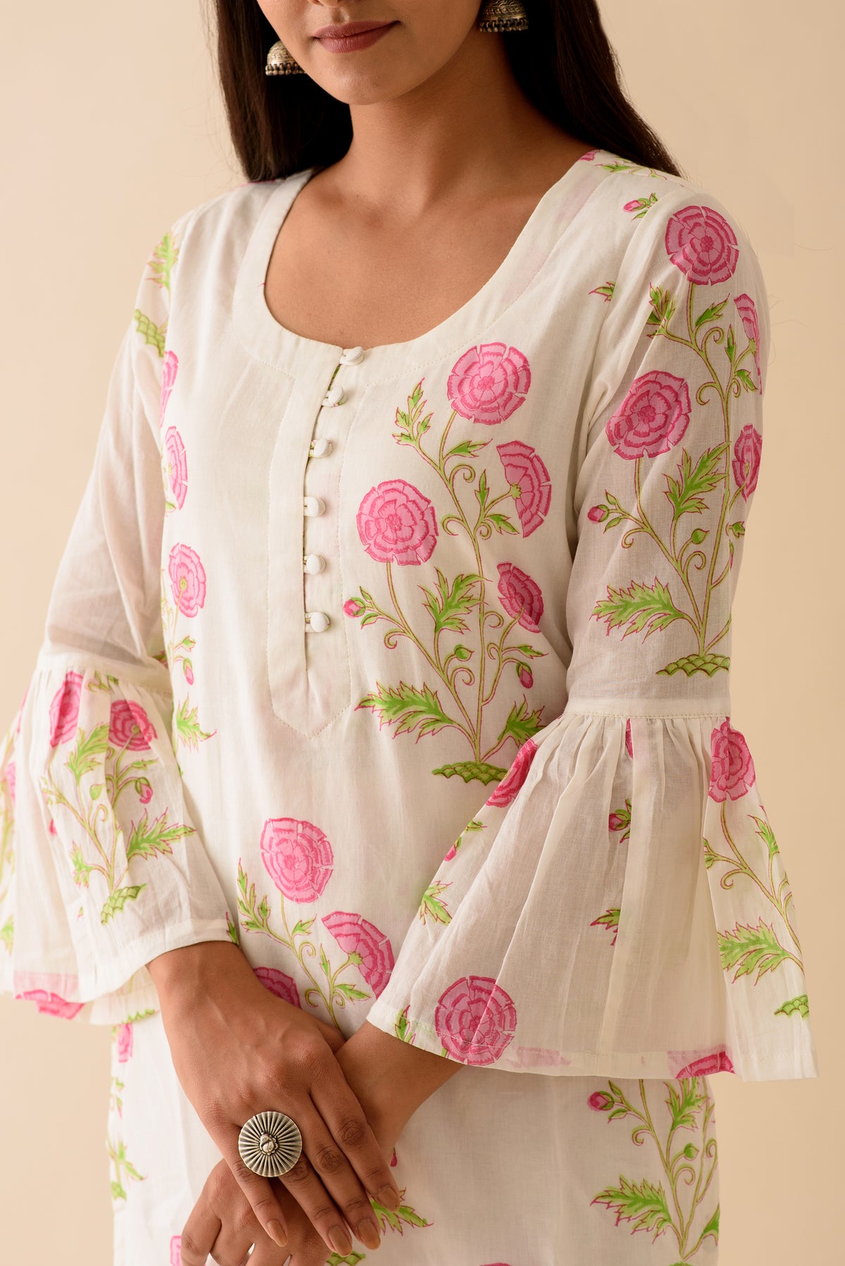 Pink Peony BlockPrint Kurta