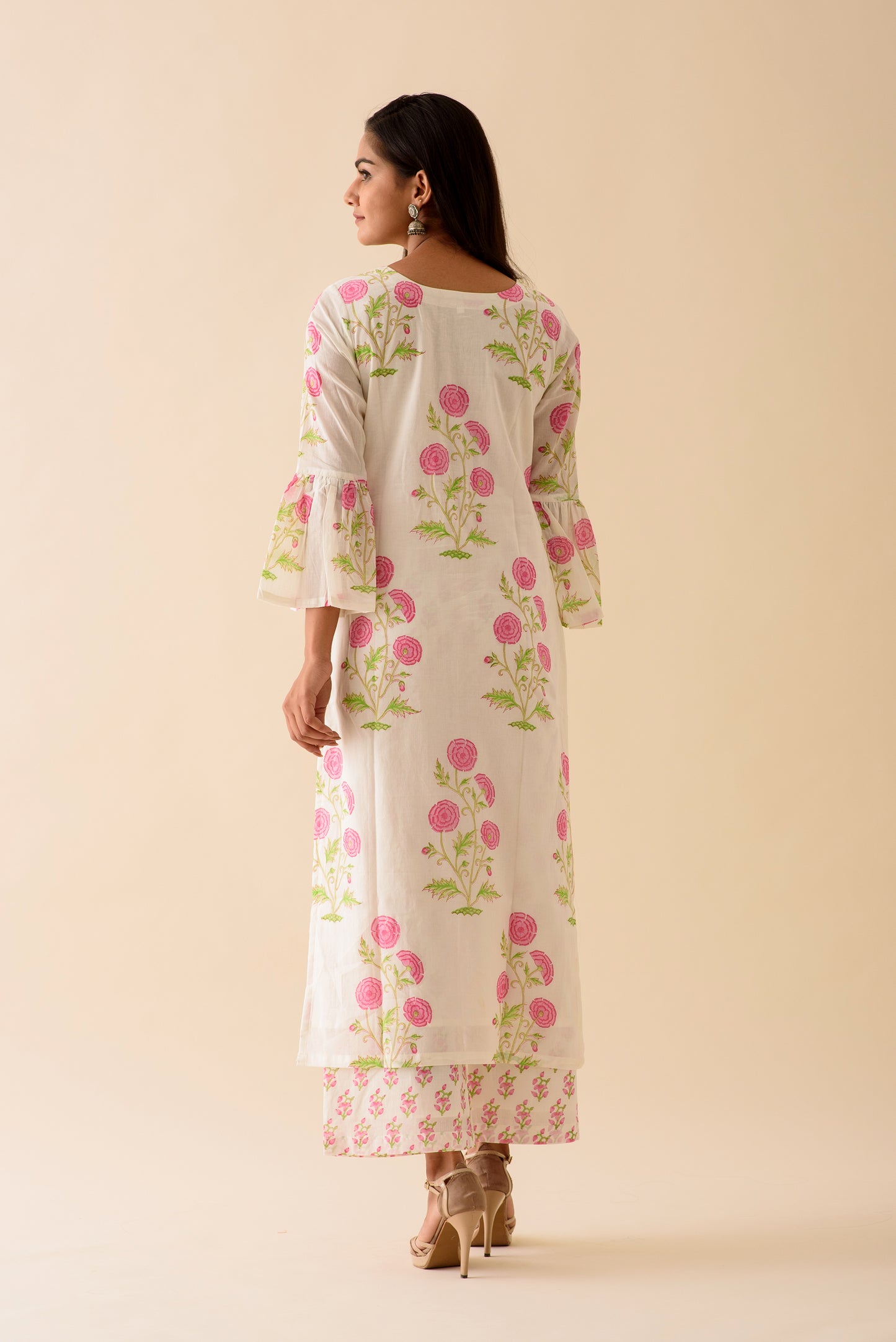 Pink Peony BlockPrint Kurta Palazzo & Dupatta Set