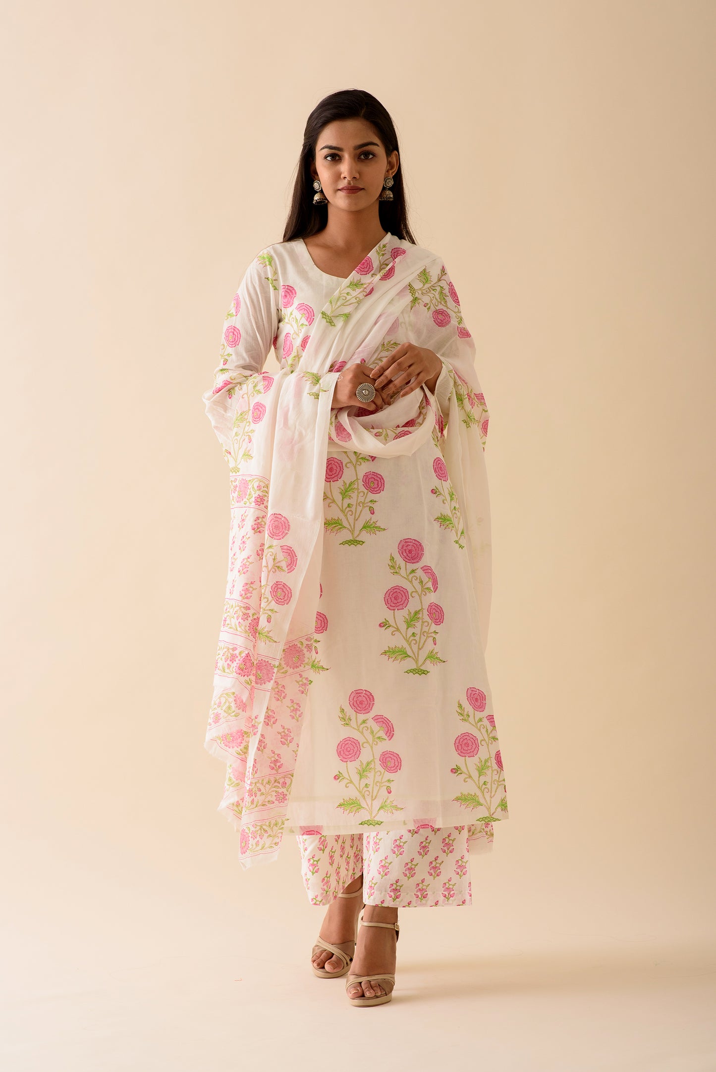 Pink Peony BlockPrint Mulmul Dupatta