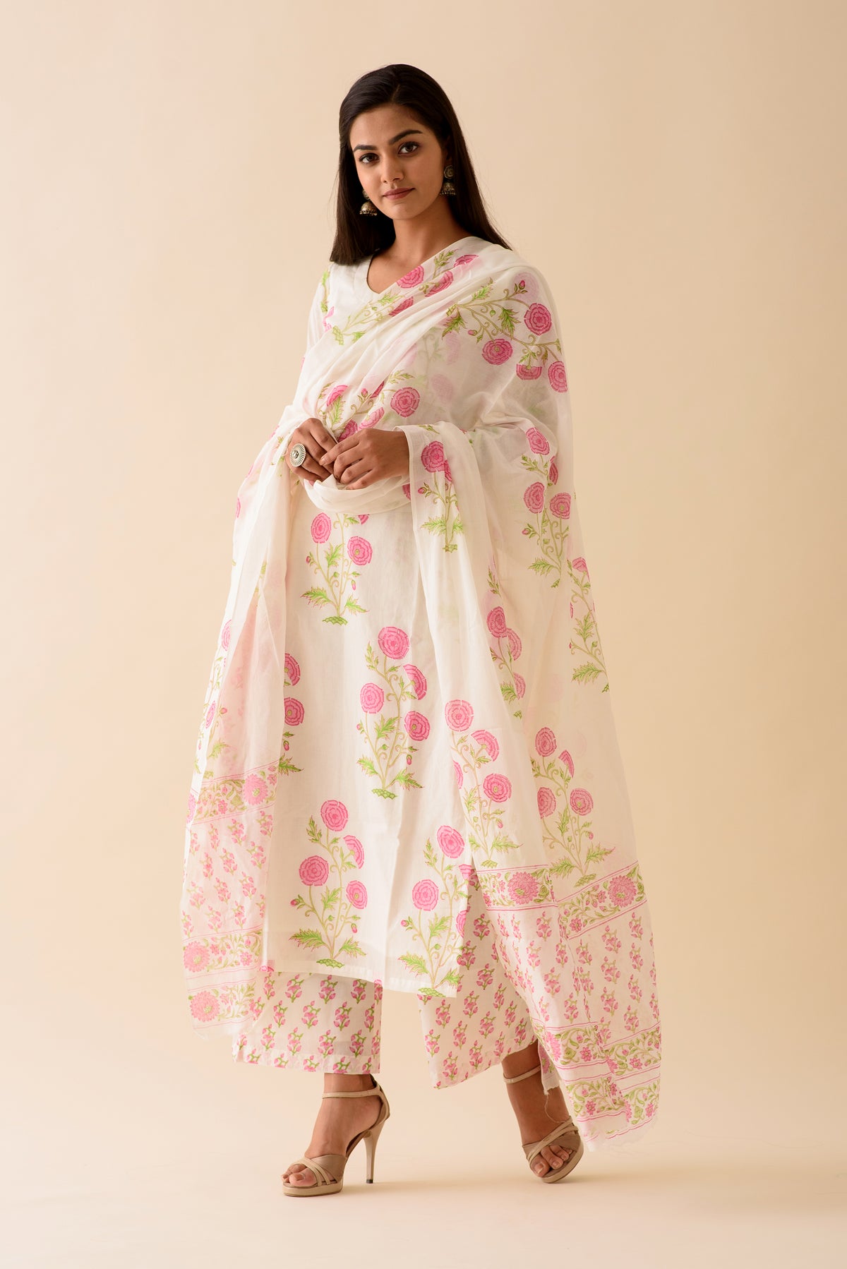 Pink Peony BlockPrint Mulmul Dupatta