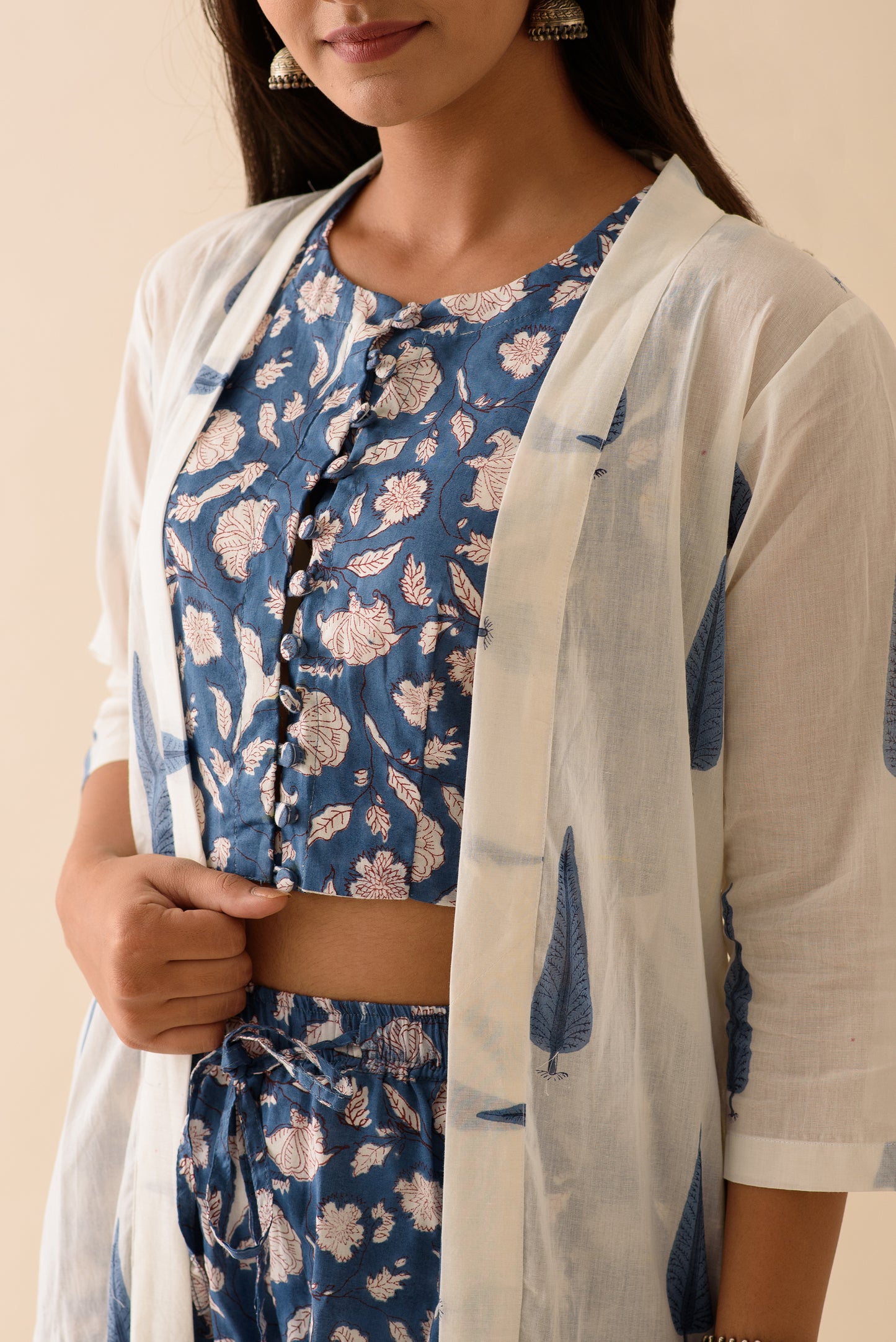 Blue BlockPrint Crop Top & Pants Jacket Set - 3XL