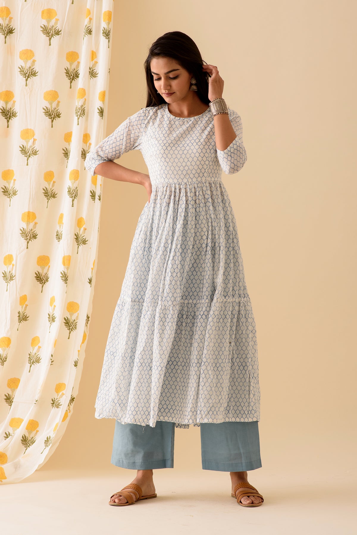 Honeycomb BlockPrint Offwhite Blue Kurta