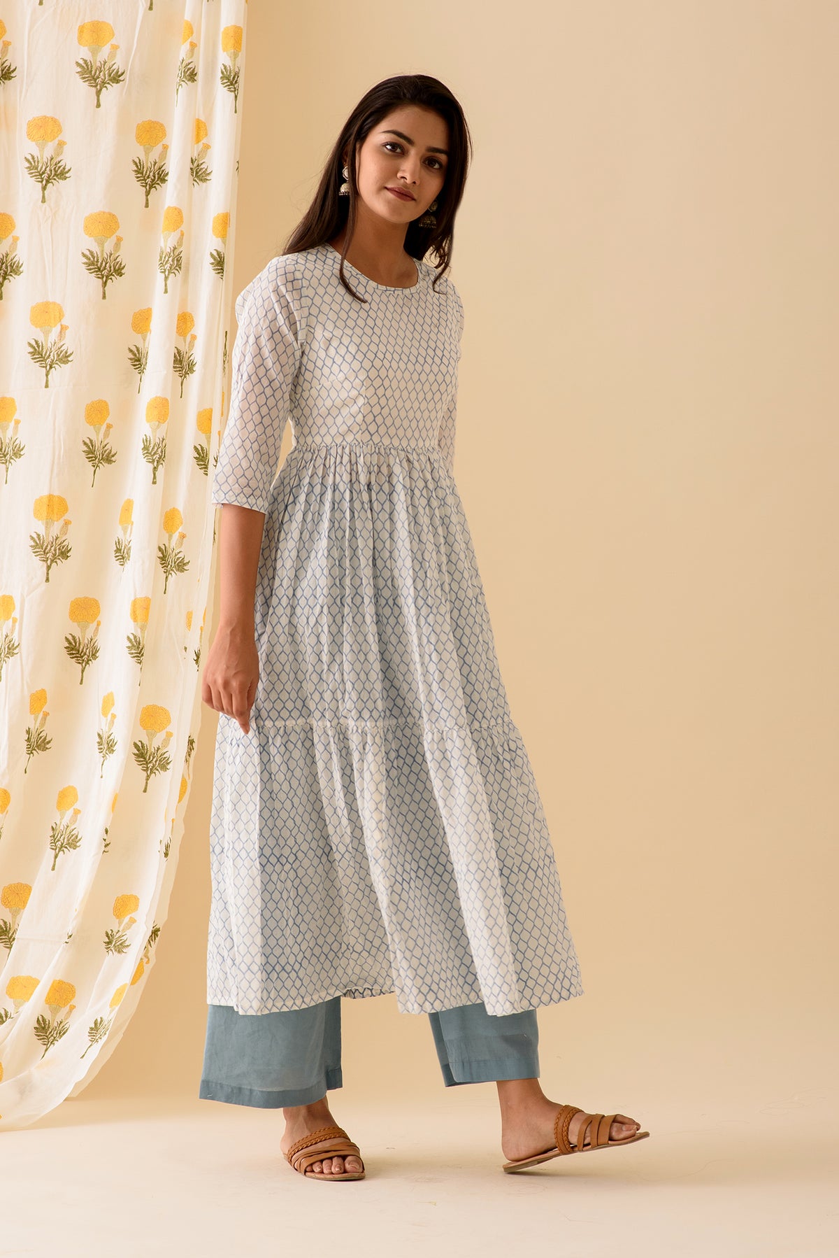 Honeycomb BlockPrint Offwhite Blue Kurta