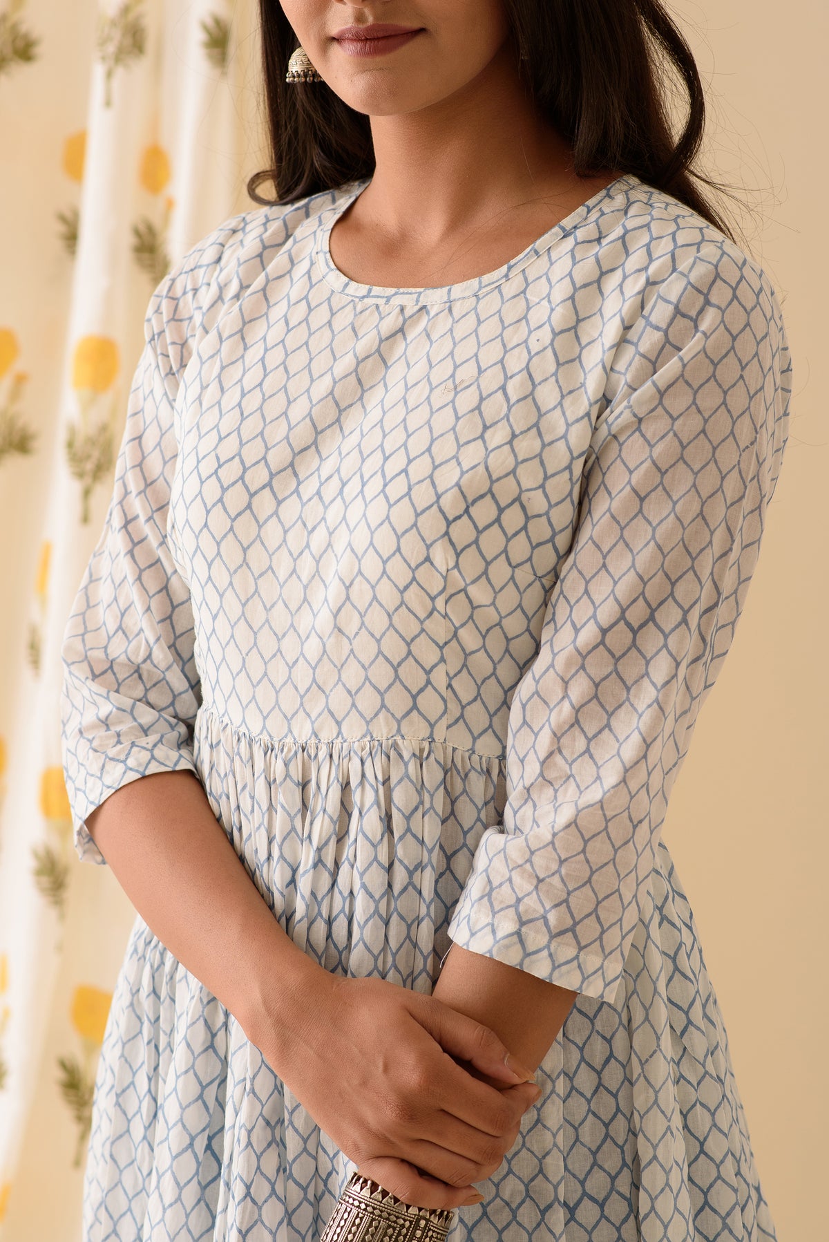Honeycomb BlockPrint Offwhite Blue Kurta