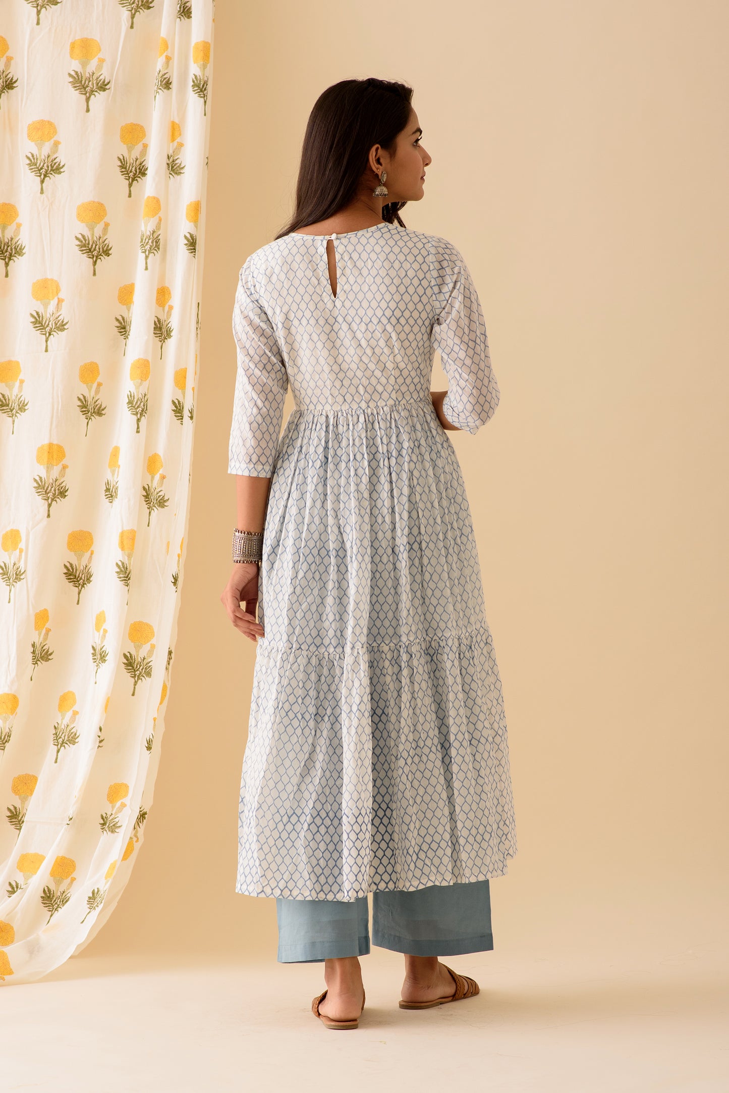 Honeycomb BlockPrint Offwhite Blue Kurta