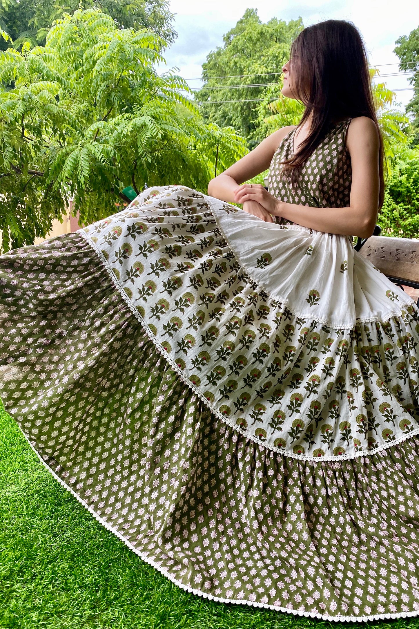 Olive Green Flora Boho Tiered Maxi