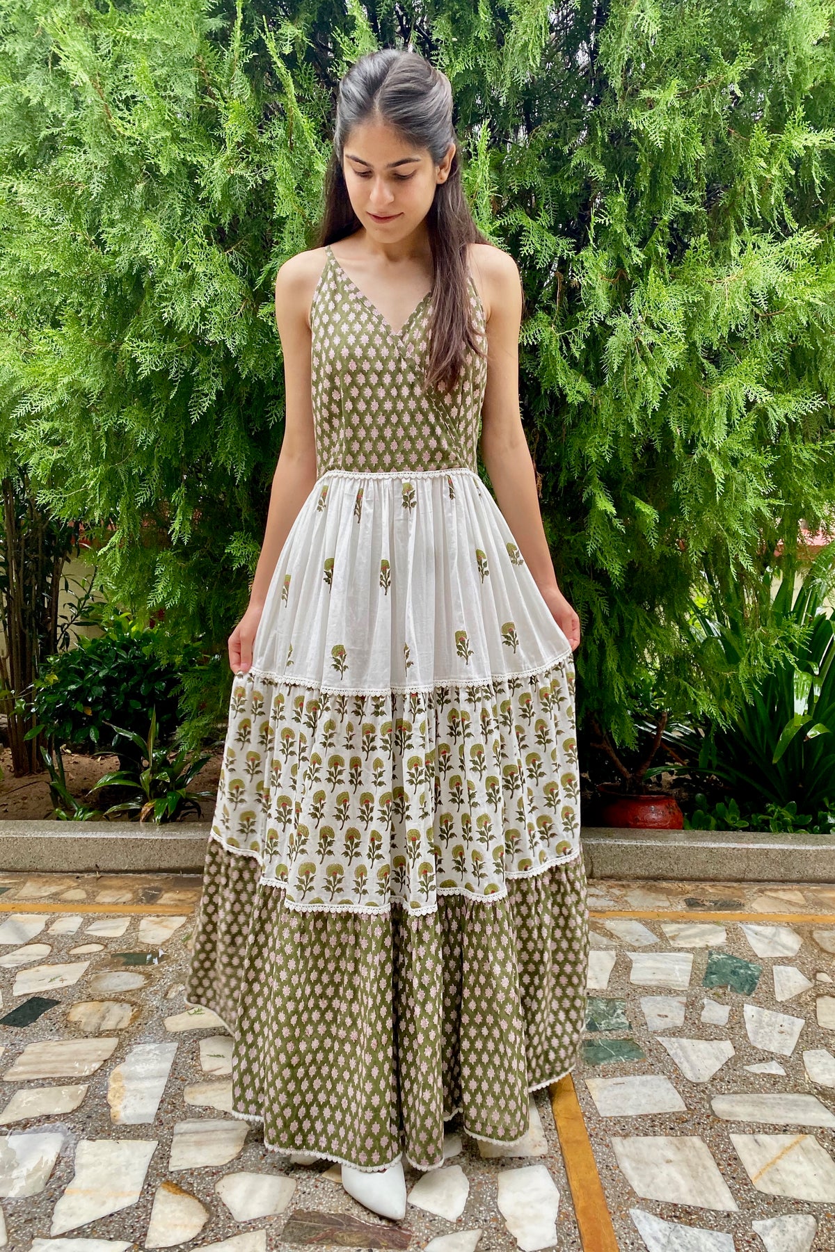 Olive Green Flora Boho Tiered Maxi