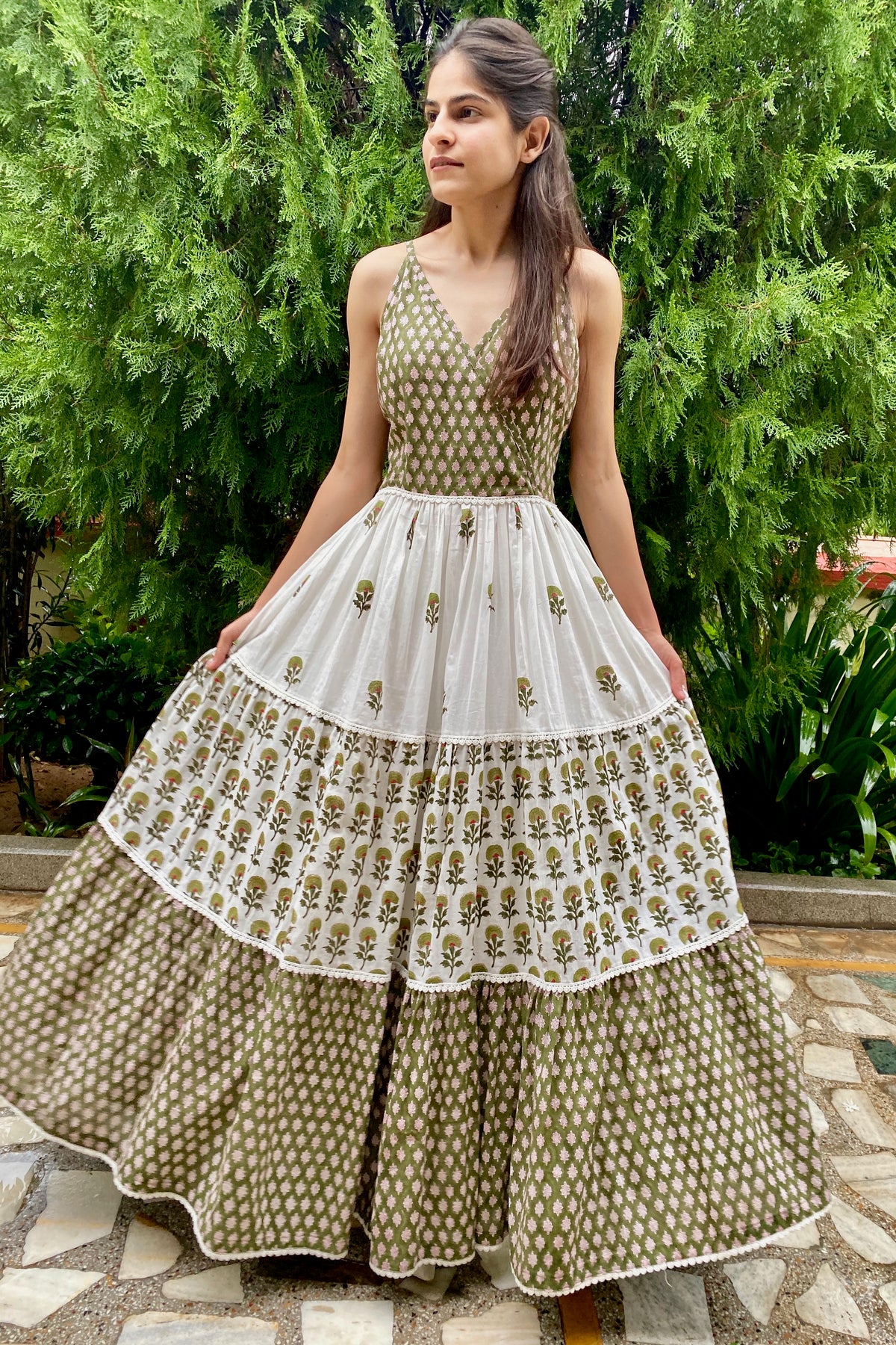 Olive Green Flora Boho Tiered Maxi