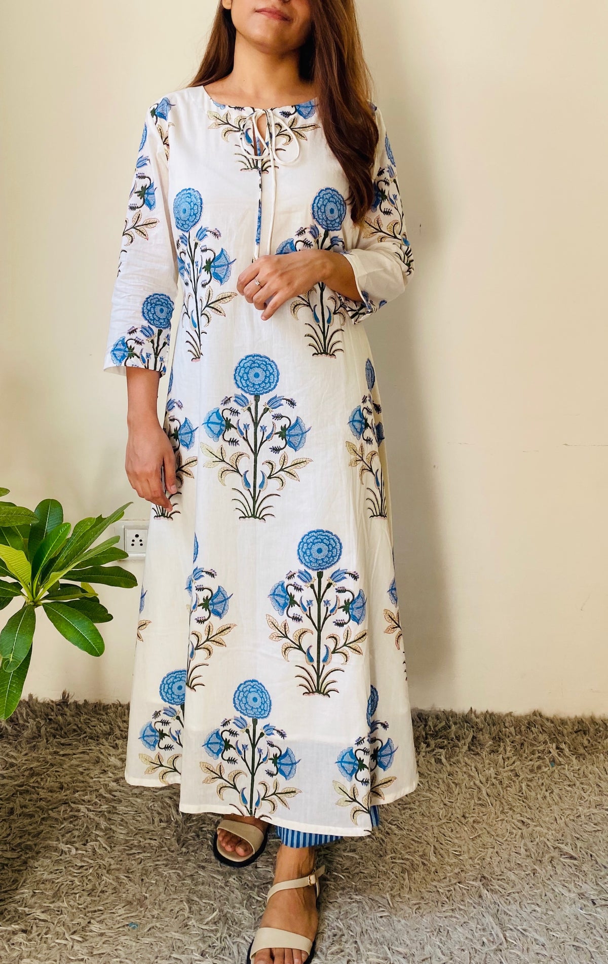 Navy Blue Hibiscus Kurta Palazzo Set - Set of 2