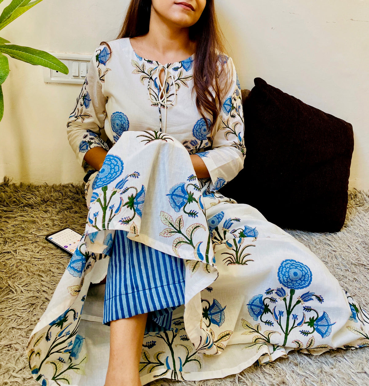 Navy Blue Hibiscus Kurta Palazzo Set - Set of 2