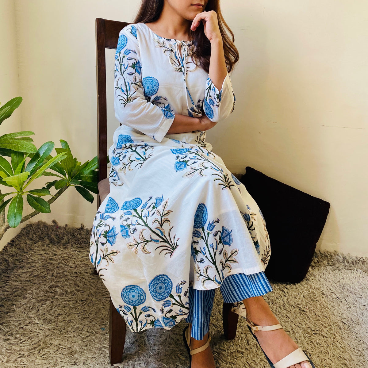 Navy Blue Hibiscus Kurta Palazzo Set - Set of 2