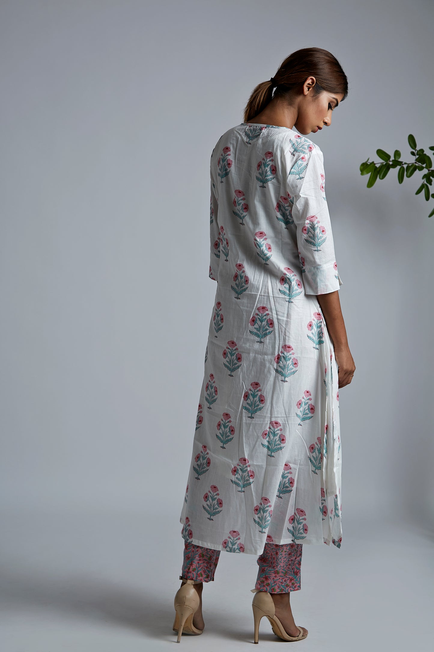 Pink Offwhite BlockPrint A-Line Kurta - M