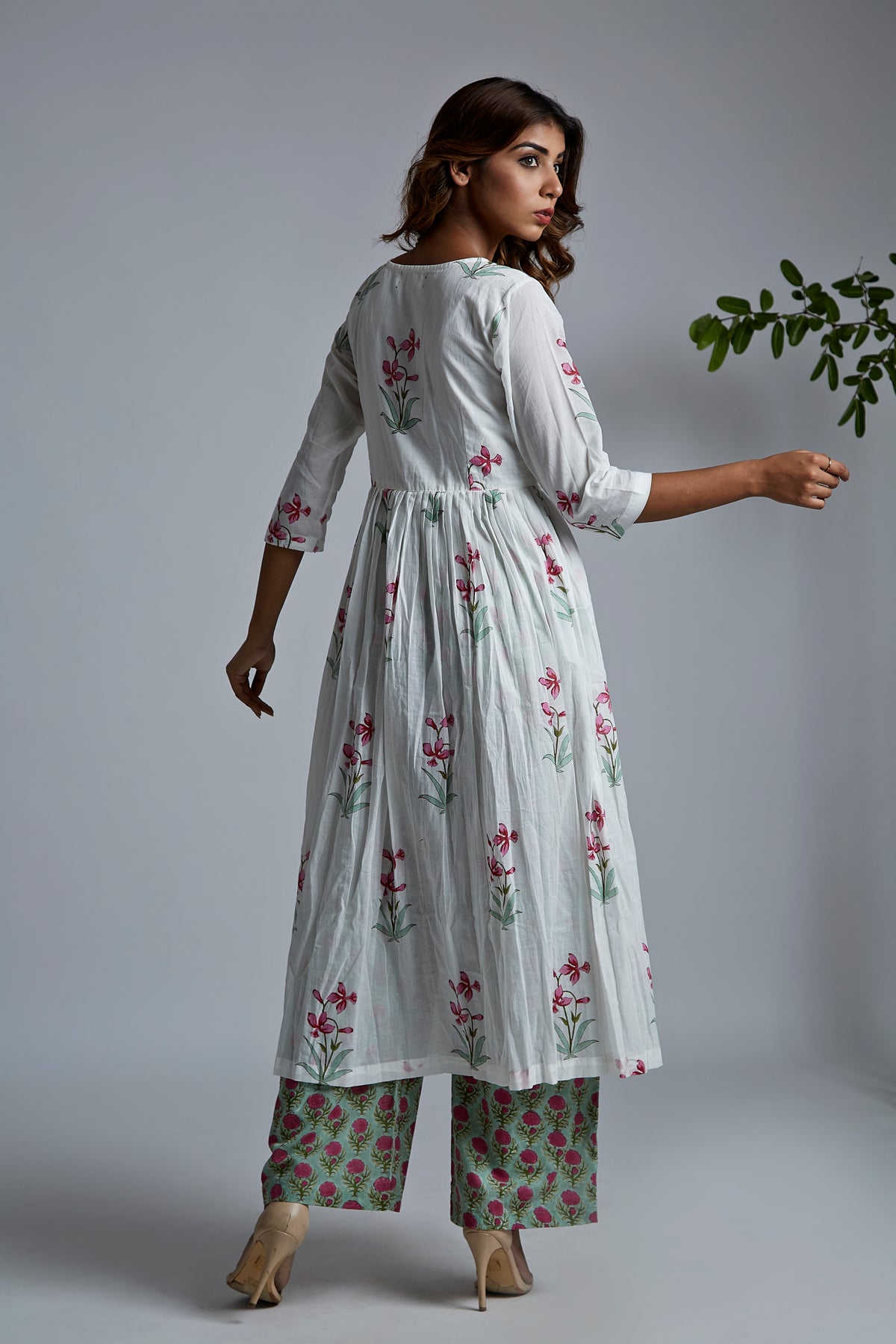 Magenta Lily Angrakha Kurta with Green Blockprint Pants - Set of 2