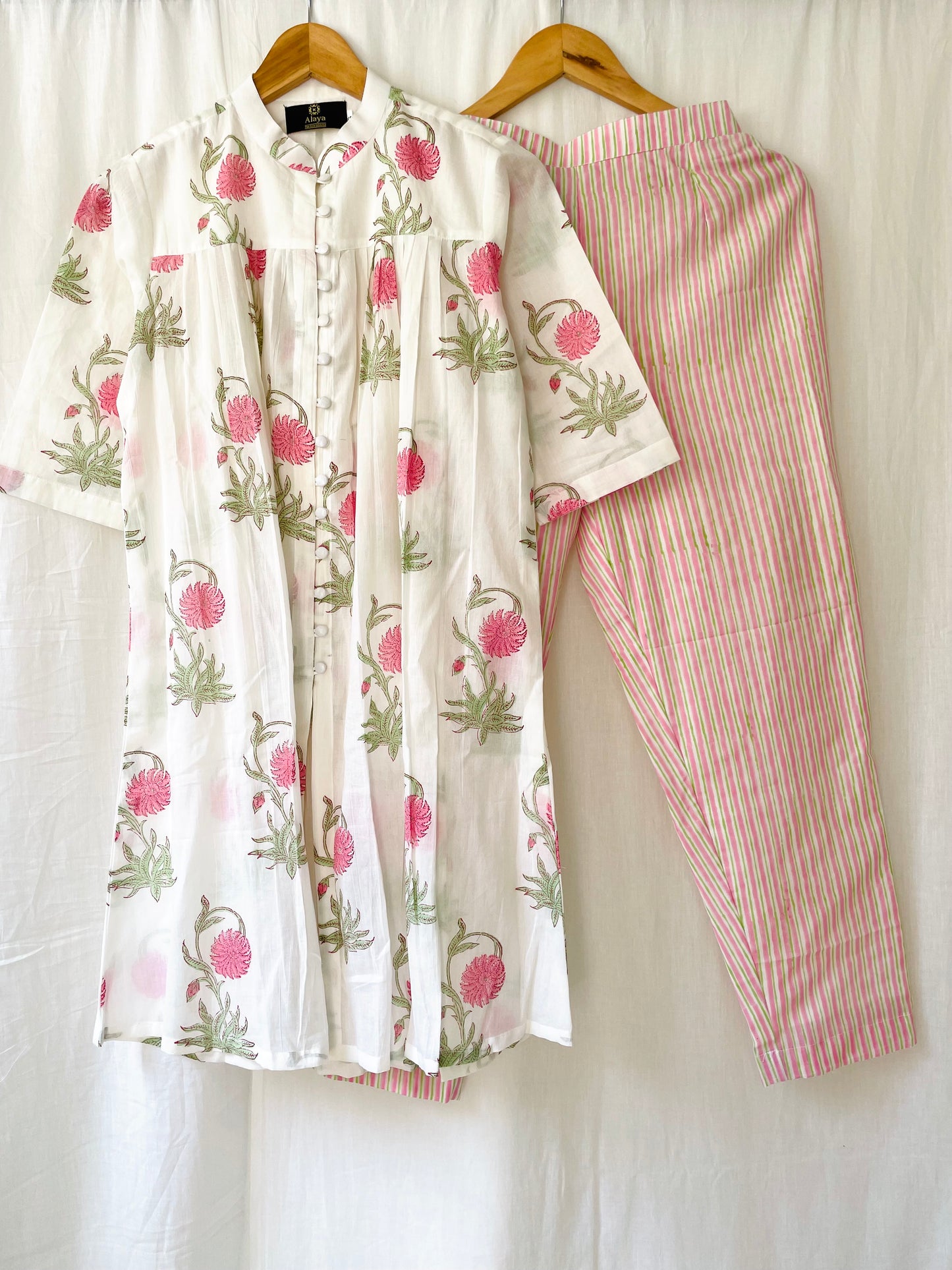 Pink Dahlia Kurta with Pink Striped Pants