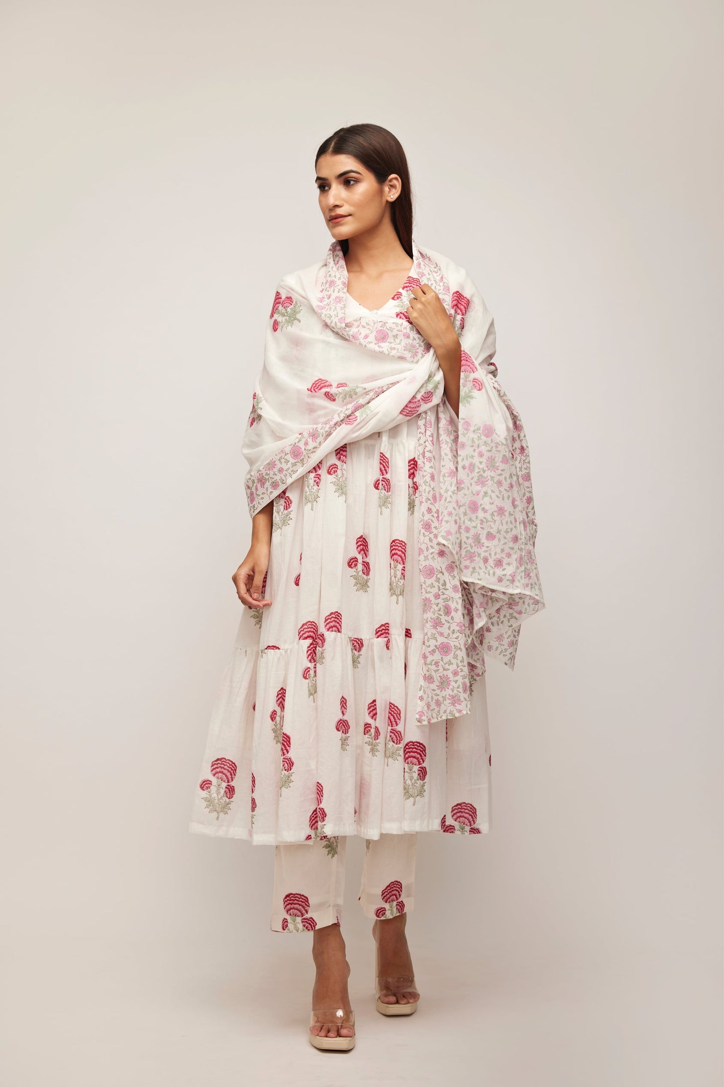 Pink Marigold Blockprint Mulmul Dupatta