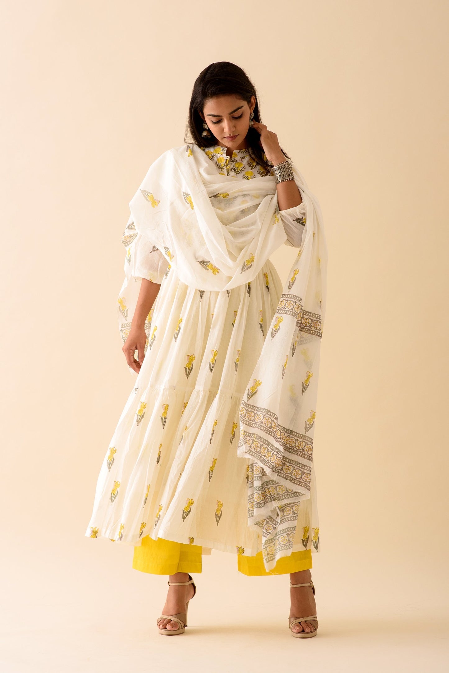 Offwhite Lemon Lily Mulmul Dupatta