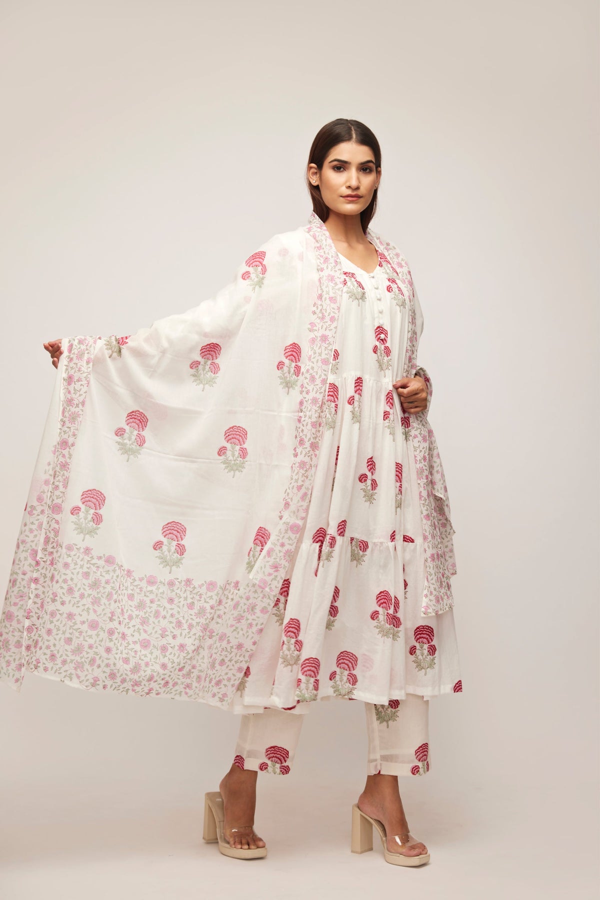 Pink Marigold Blockprint Mulmul Dupatta
