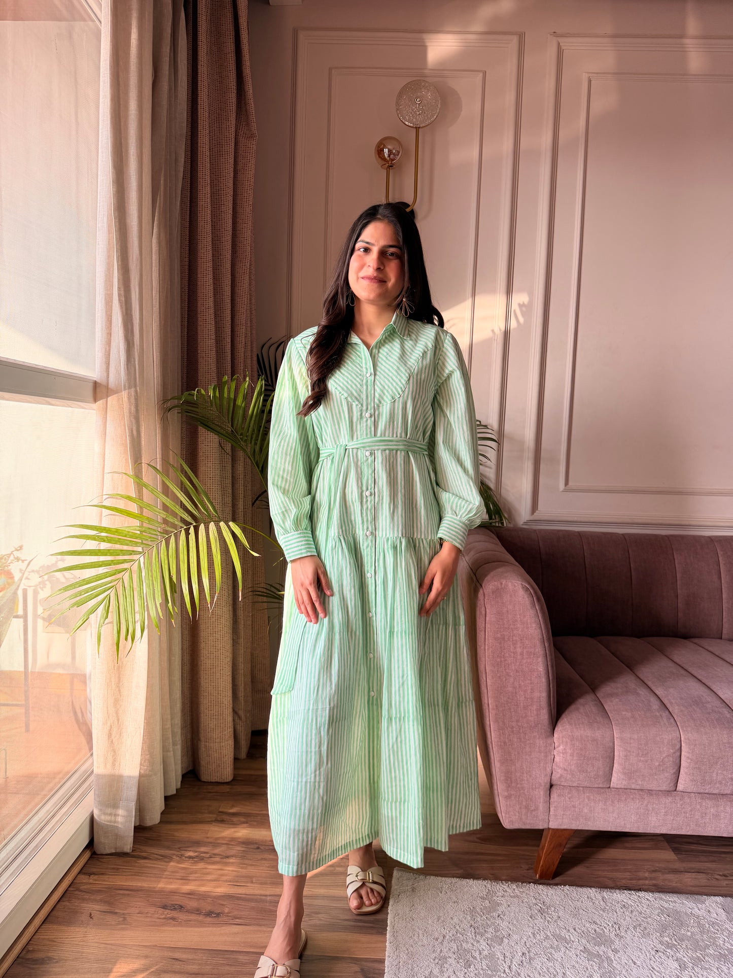 Mint Stripe Mulmul Shirt Dress