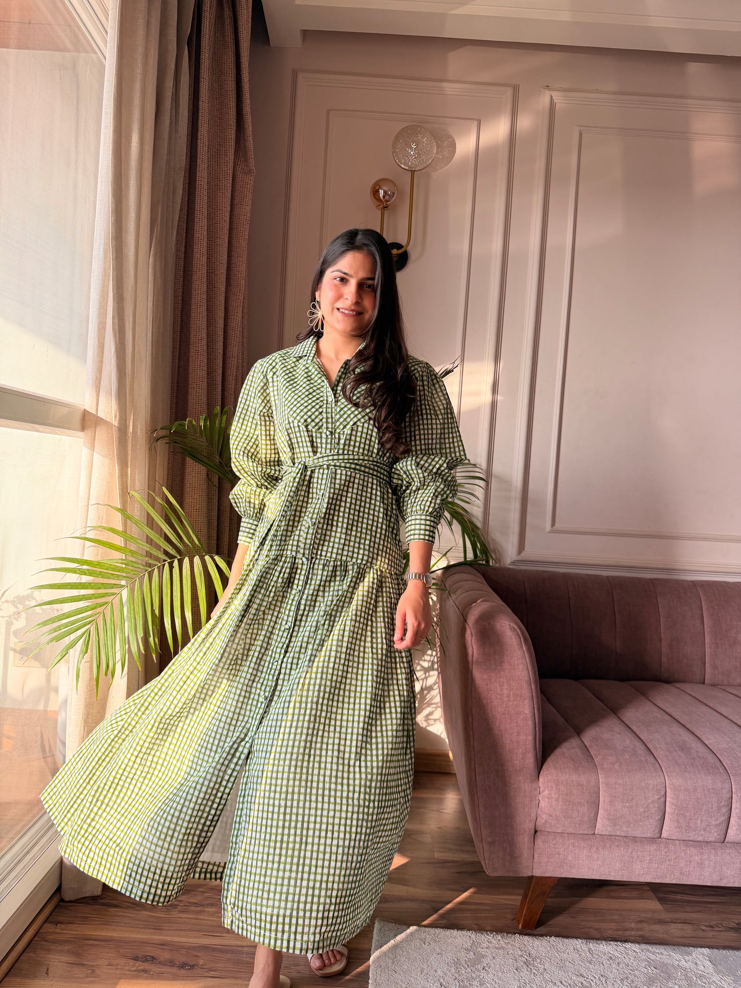 Olive Check Mulmul Dress