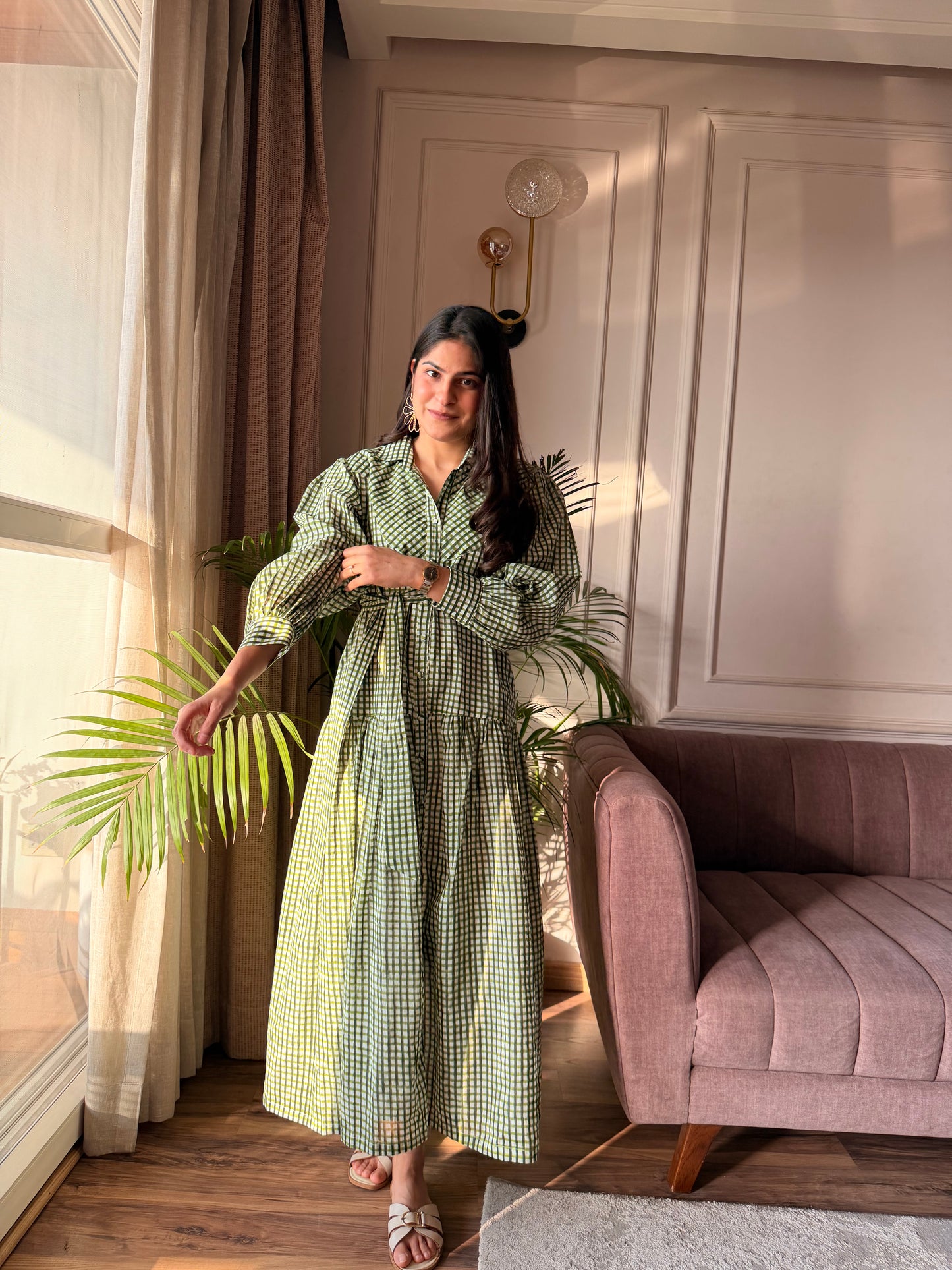 Olive Check Mulmul Dress