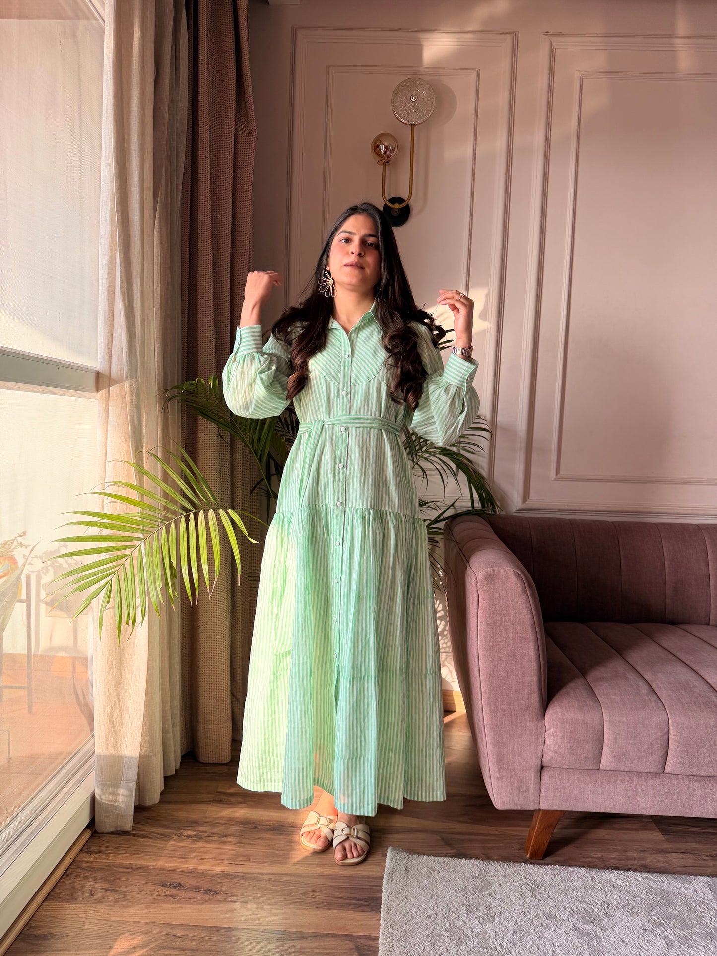 Mint Stripe Mulmul Shirt Dress