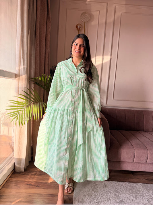 Mint Stripe Mulmul Shirt Dress