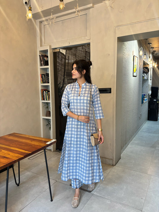 Blue Gingham Kurta Set