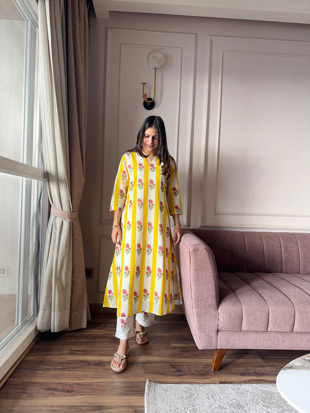Gulbahar - Yellow and Pink Mulmul Suit Set