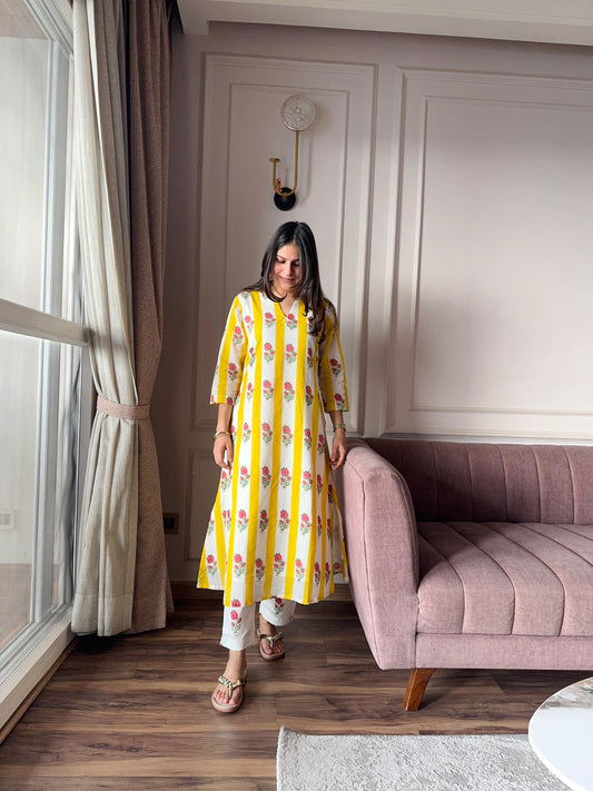 Gulbahar - Yellow and Pink Mulmul Kurta Set