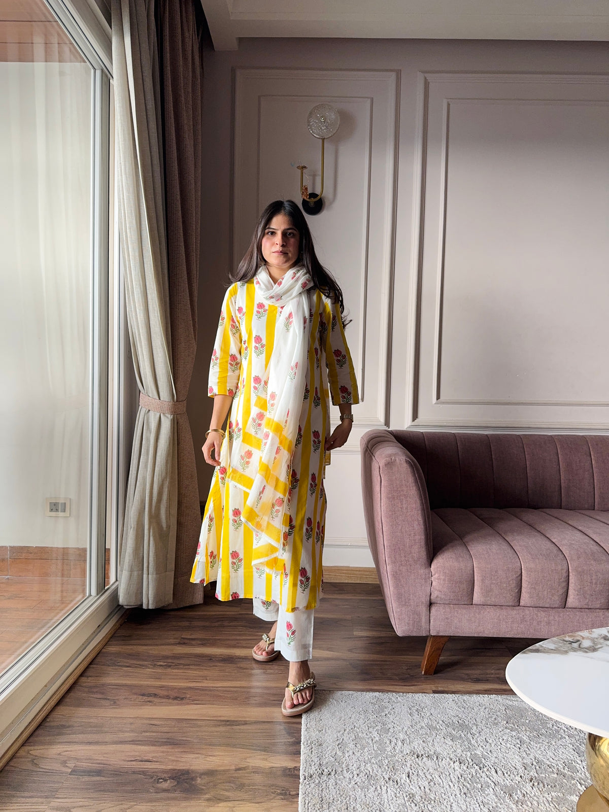 Gulbahar - Yellow and Pink Mulmul Suit Set