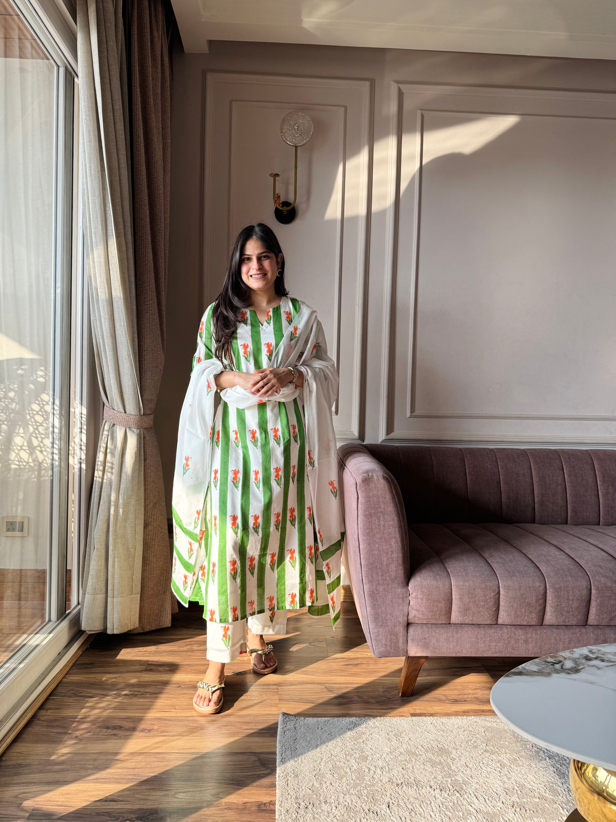 Gulshan - Green and Orange Mulmul Suit Set
