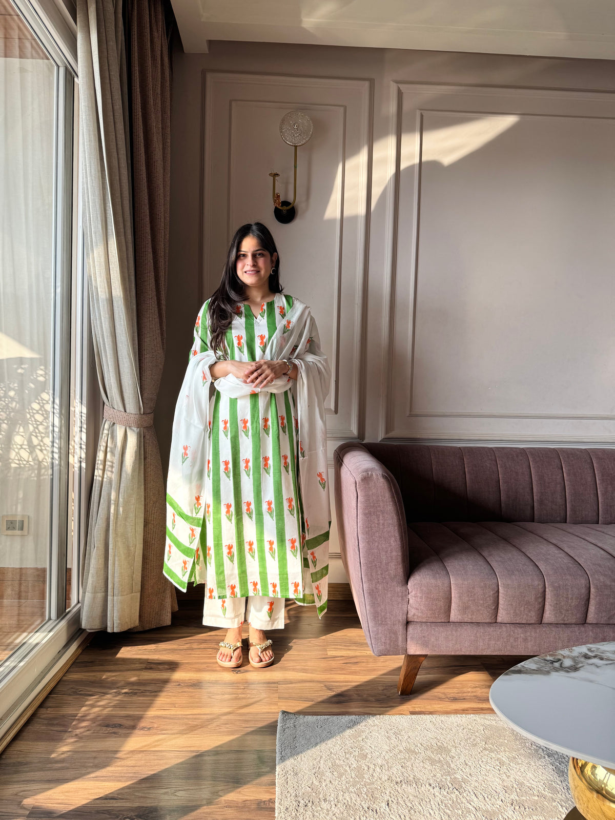 Gulshan - Green and Orange Mulmul Suit Set