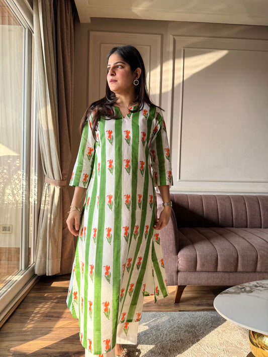 Gulshan - Green and Orange Mulmul Kurta