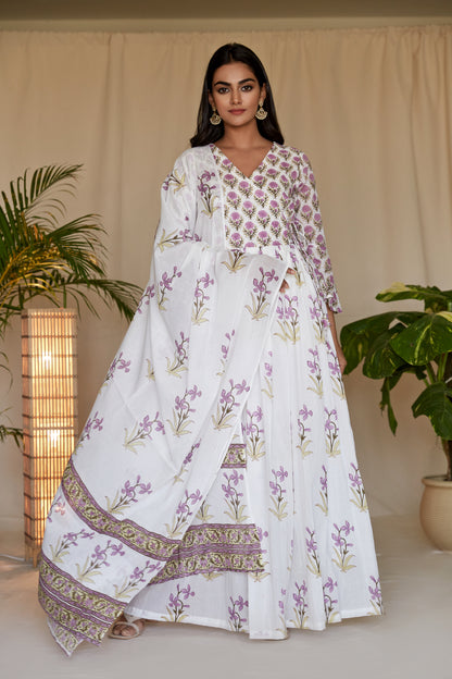 Lilac Blockprint Angrakha Suit with Dupatta - Set of 2