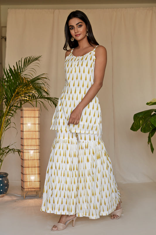 Yellow Mini Cypress BlockPrint Sharara Set of 2 (No dupatta)