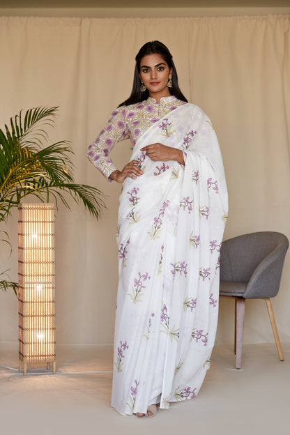 Lilac Lily Hand BlockPrinted Mulmul Sari
