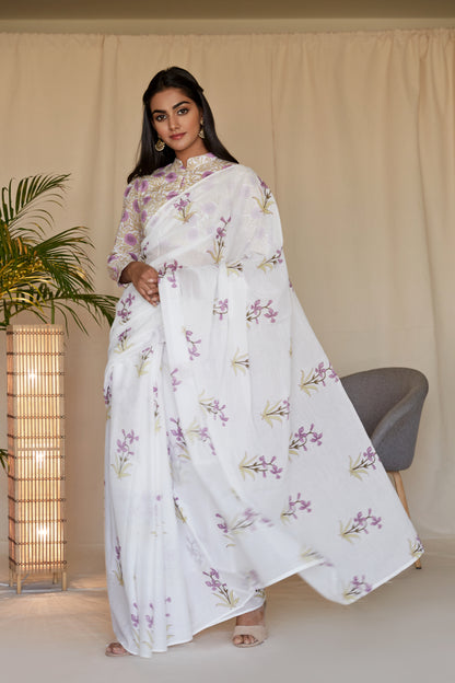 Lilac Lily Hand BlockPrinted Mulmul Sari