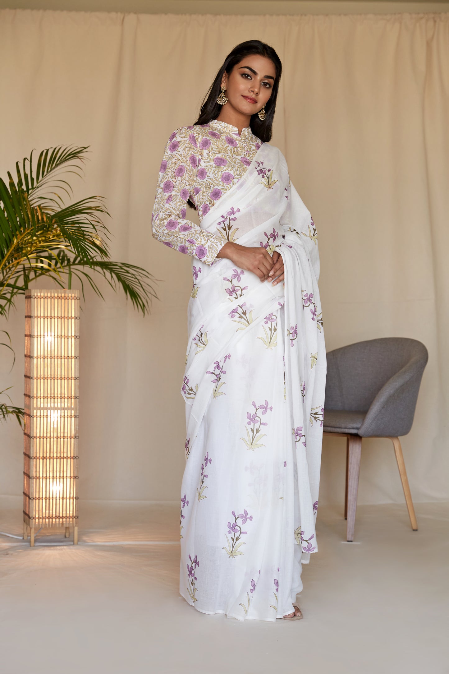 Lilac Lily Hand BlockPrinted Mulmul Sari Set - Set of 2