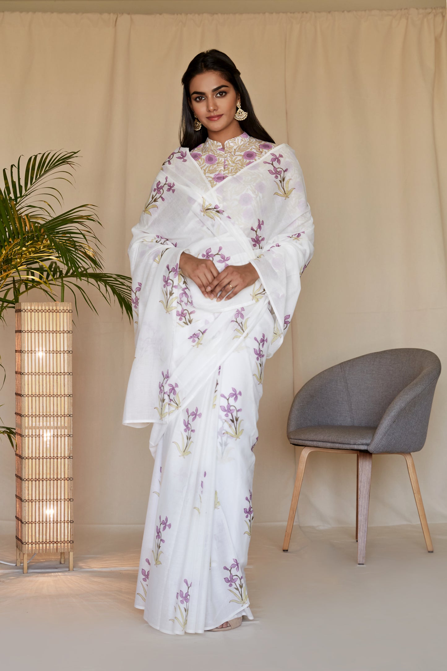 Lilac Lily Hand BlockPrinted Mulmul Sari Set - Set of 2