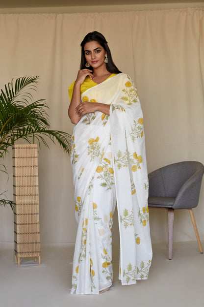 Yellow Peony Hand BlockPrinted Mulmul Sari Set - Set of 2