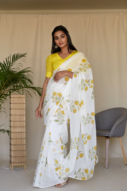 Yellow Peony Hand BlockPrinted Mulmul Sari