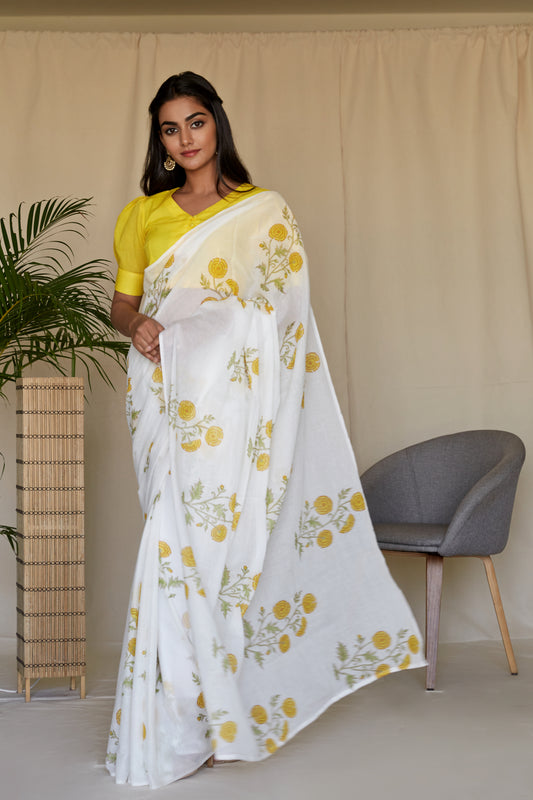 Yellow Peony Hand BlockPrinted Mulmul Sari